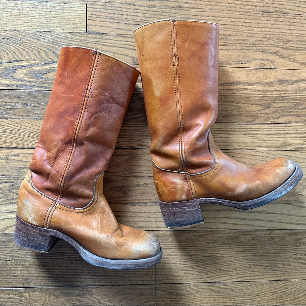Vintage 70s Frye Campus Boots, women’s 9.5 distressed cognac color